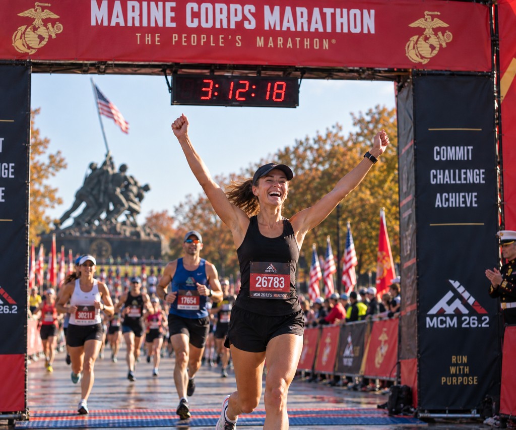 Female runner crossing the Marine Corps Marathon finish line with arms raised