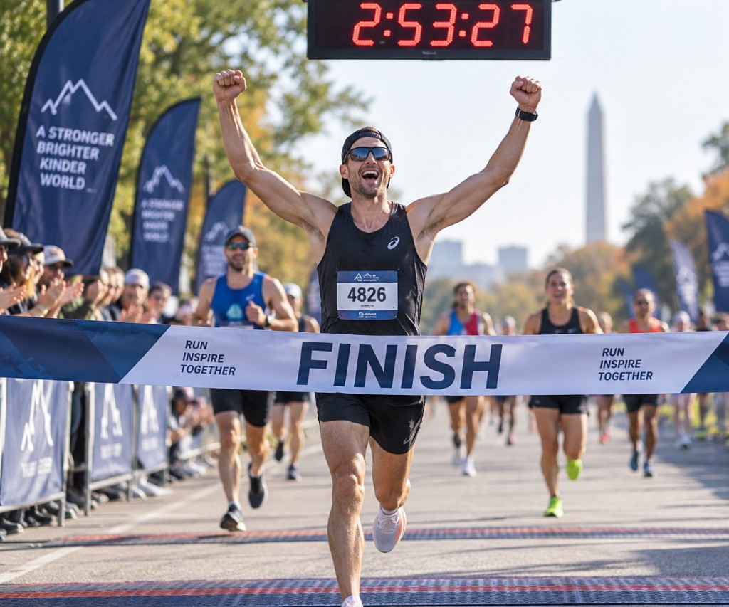 Runner crossing the finish line with arms raised